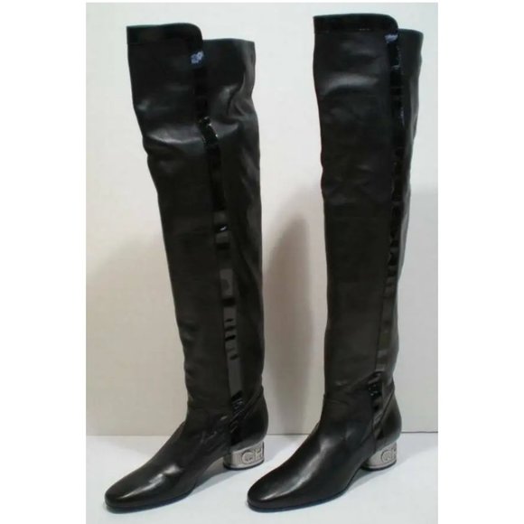 CHANEL 36 Black Nappa & Patent Leather OTK OVER KNEE BOOTS Metal Logo - Picture 1 of 12
